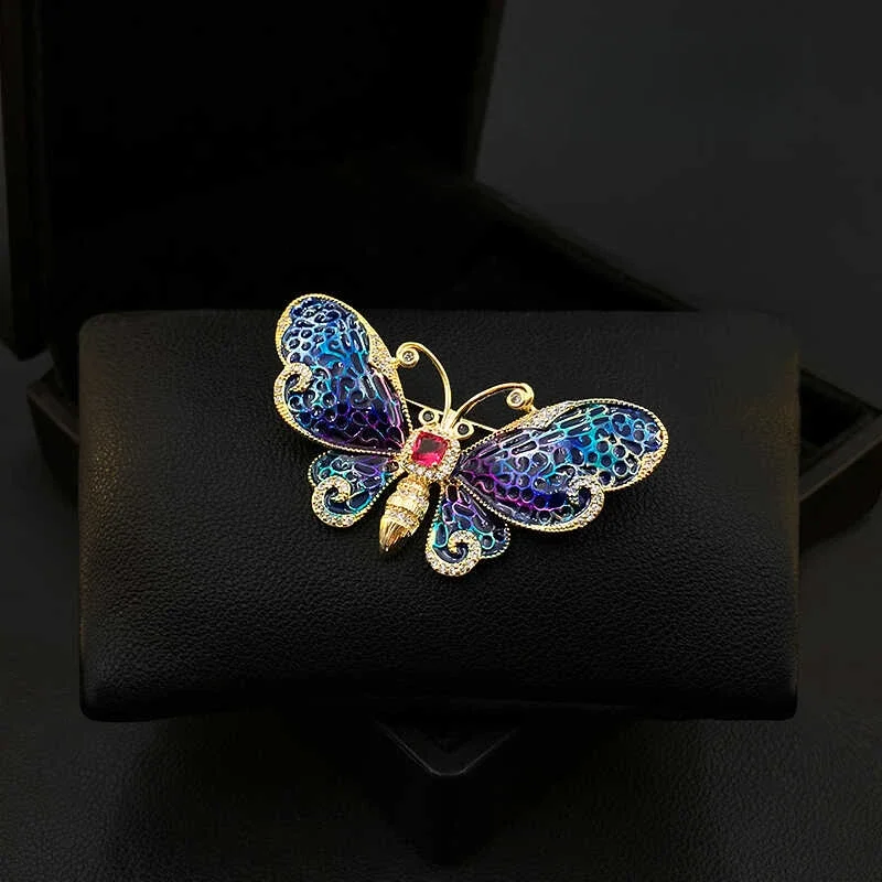 Enamel Craft Retro Butterfly Brooch High-End Women's Clothes Neckline Pin Exquisite Coat Suit Accessories Blue Jewelry Gift 5725