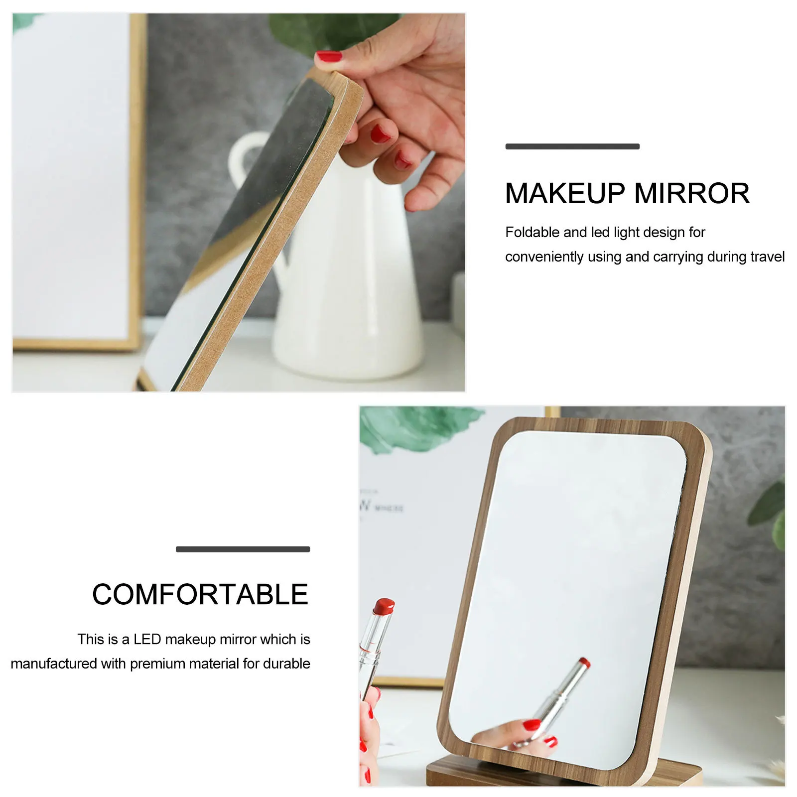 

1Pcs Wooden Vanity Mirror High-Quality Polish Clear View Stylish Desktop Mirror for Bedroom Bathroom Countertop Use