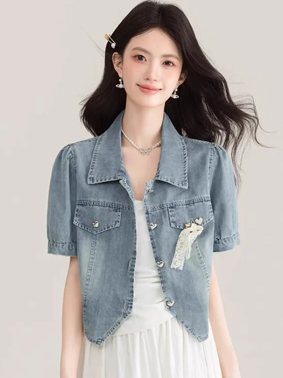 

Корейская летняя женская джинсовая куртка-жакет из тонкой смесовой ткани (хлопок, вискоза, полиэстер) – новинка высокого качества