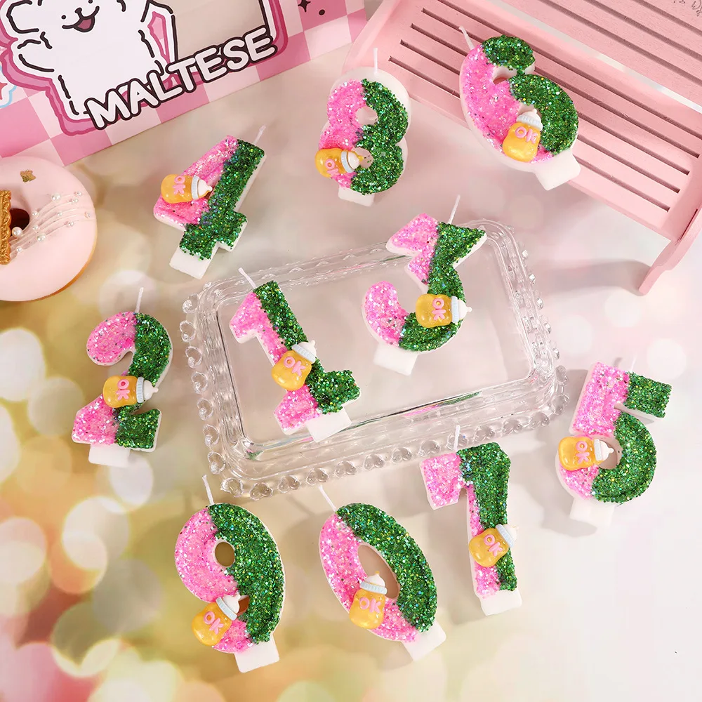 Cartoon Ok Baby Bottle Birthday Candle Pink And Green Patchwork Sequined Digital Candle Festival Party Dessert Cake Decoration
