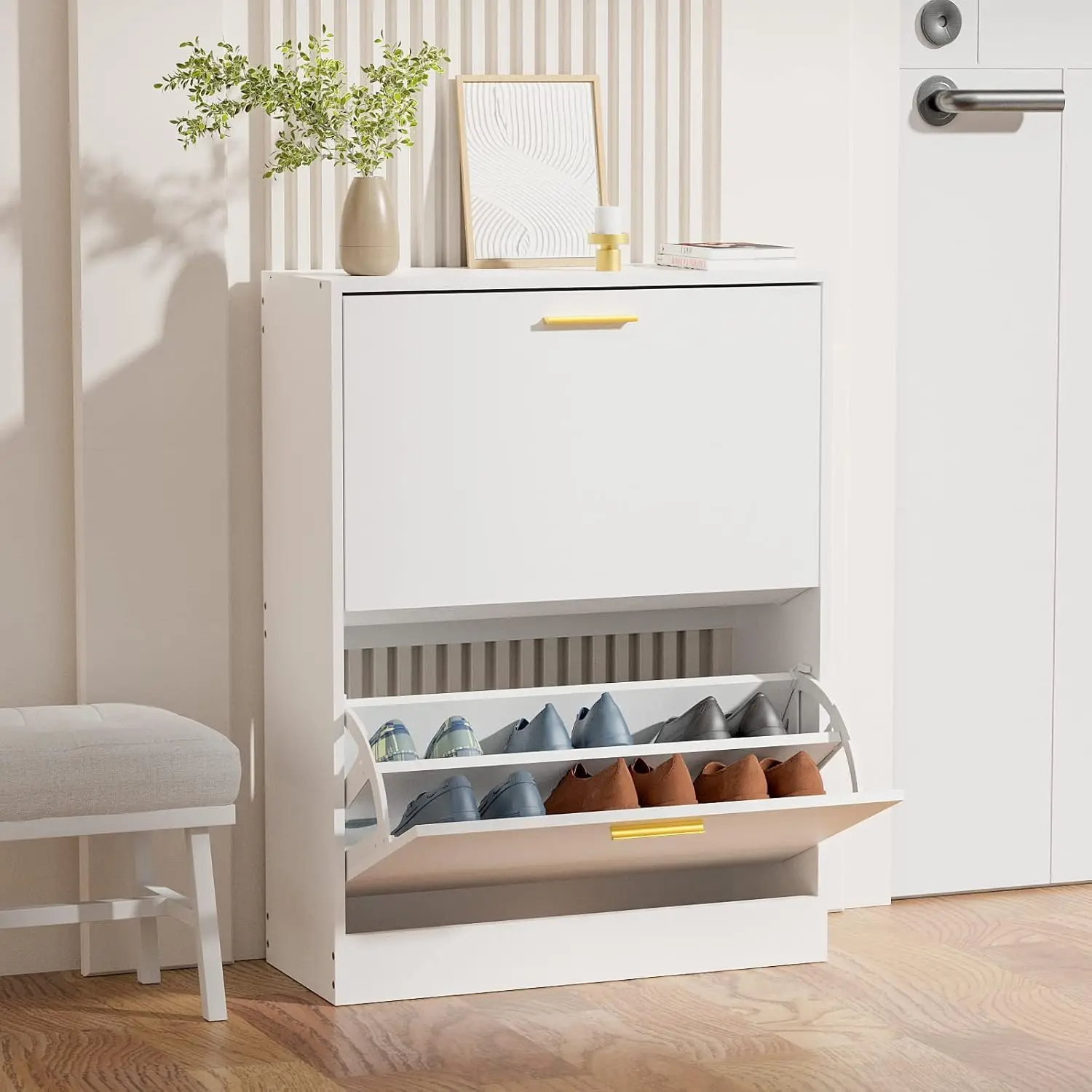 

White Slim Wooden Shoe Cabinet with 2 Flip Drawers Freestanding Entryway Hallway Living Room, Customized