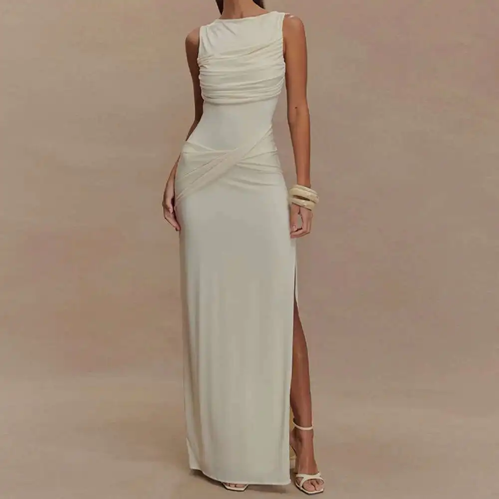 

2025 New Summer Round Neck Backless Dress, Fashionable Sleeveless Pleated Slit Slim Fit Dress Summer Dress Robe Vestido Women