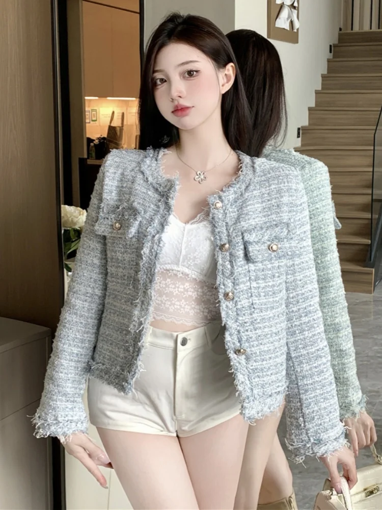 

Elegant New Autumn Winter Tweed Short Coat Fine Knitwear Fashion Tassel Trim Stylish Women's Woolen Jacket Quality