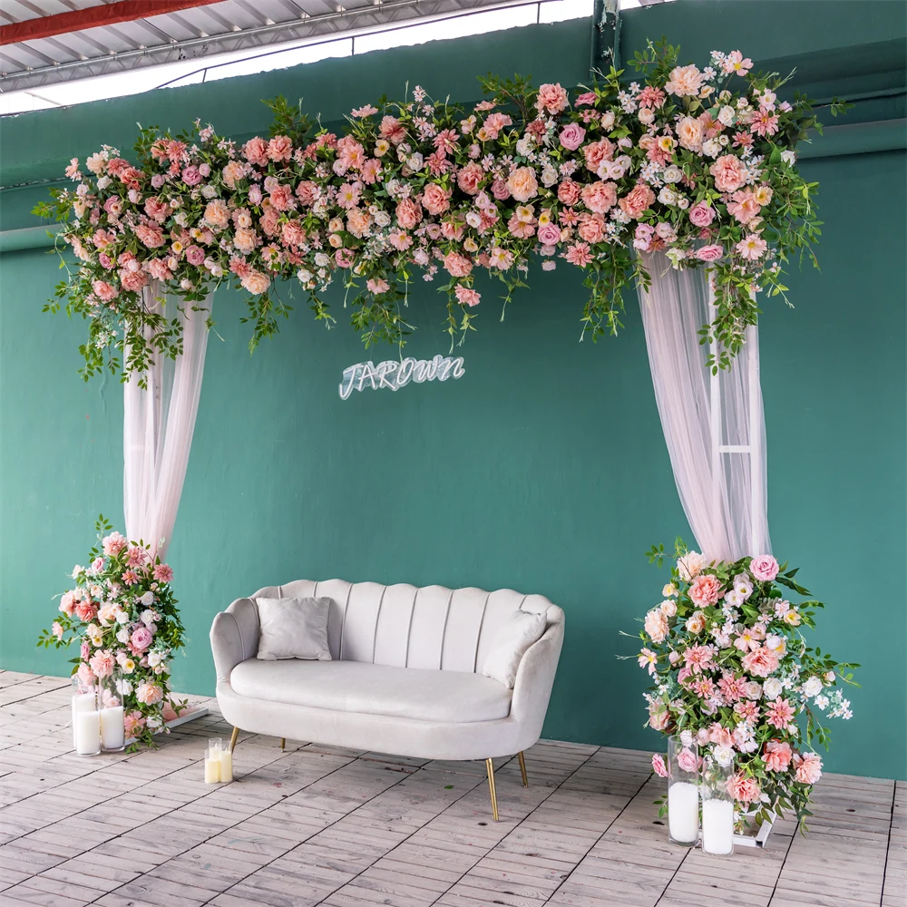 Pink Champagne Series Rose Greens Artificial Floral Runner for Wedding Background Decoration Event Background Decor Customized