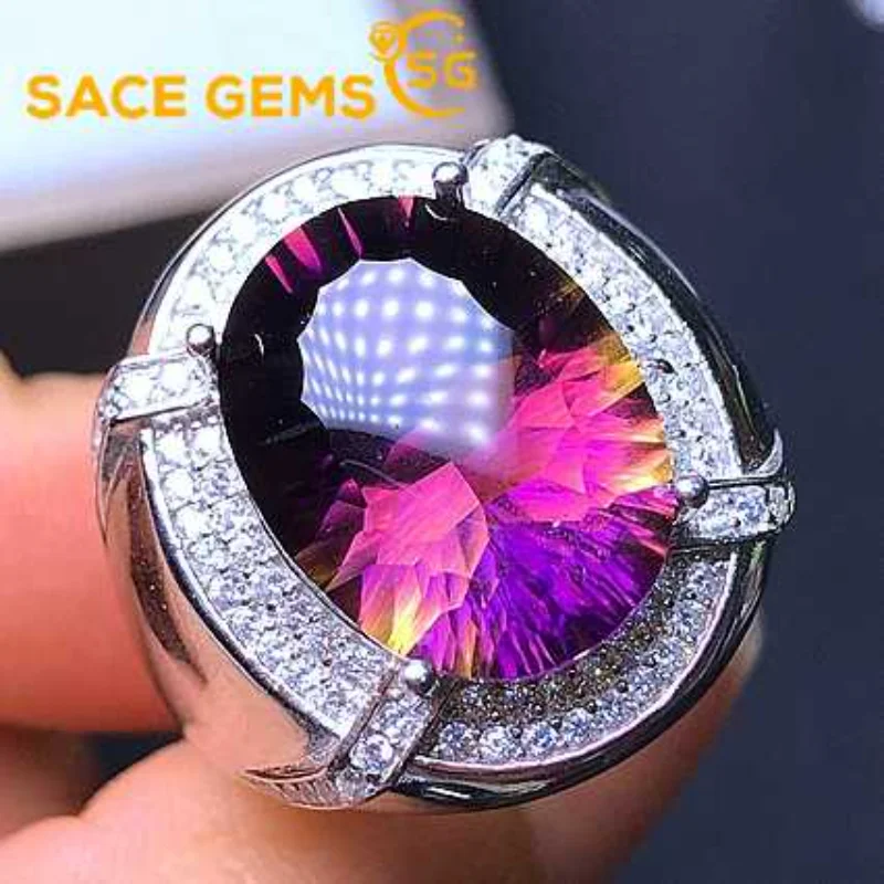 SACE GEMS Fashion Resizable 12*16MM Natual Ametrine Rings for Man 925 Sterling Silver Wedding Party Fine Jewelry Festival Gift