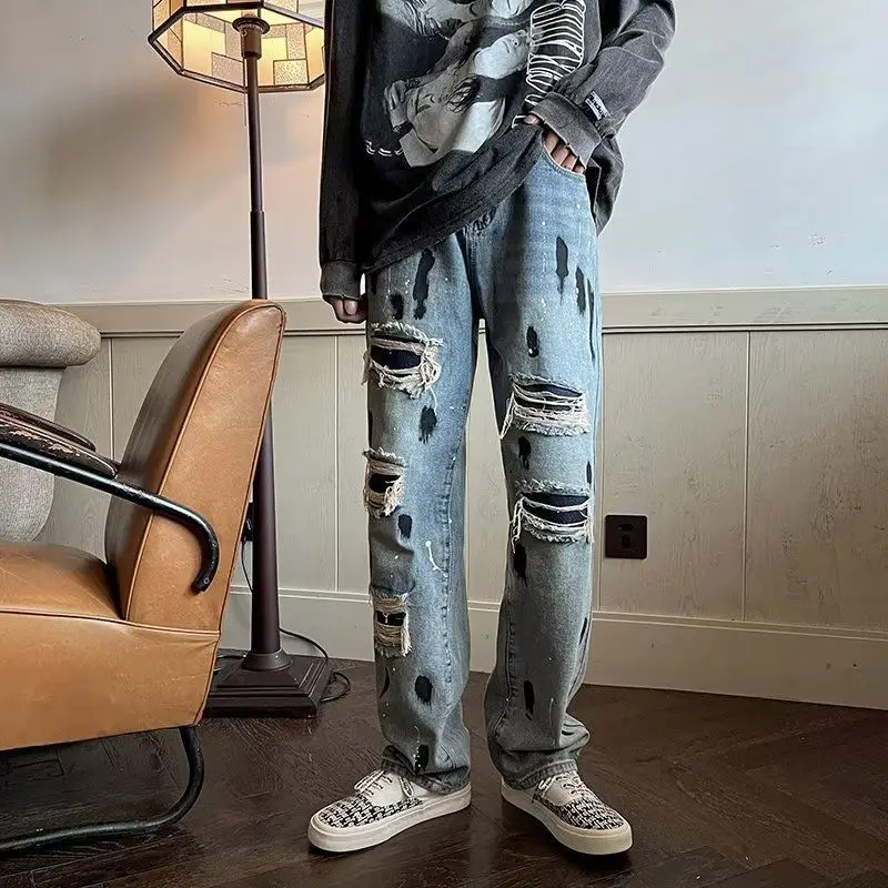 

American high street vibe style pants European broken jeans male spring and autumn fashion brand straight leg loose beggar pants