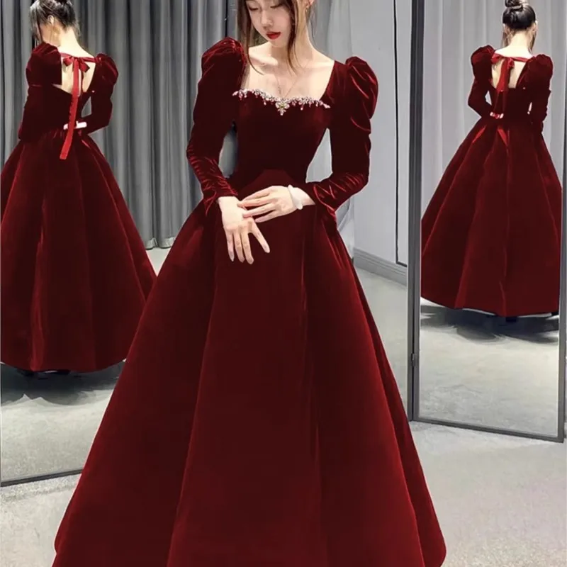 Wine red toasts wear new velvet small temperament back slimming dress