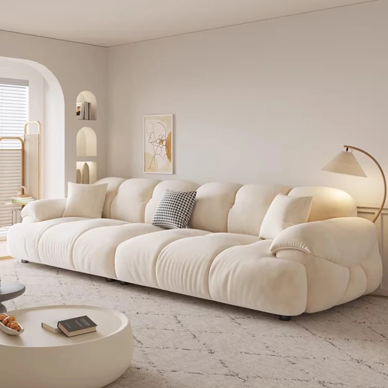 

Sofa living room household cream style retro small apartment straight row marshmallow sofa skin milk fleece
