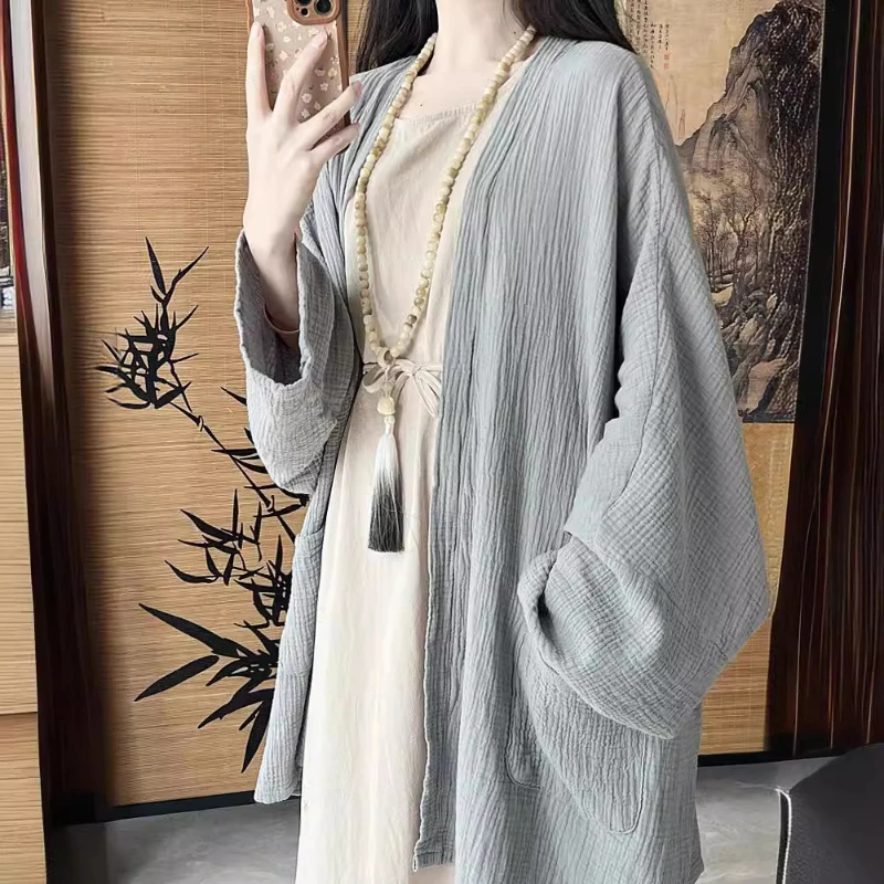 Cardigan ramie sleeveless lace up dress paired with cotton yarn jacket for a cool and refreshing feeling