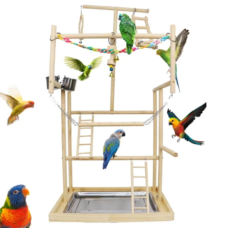 

Interactive Wooden Parrot Playstand With Ladders and Feeding Cups for Bird Activity Use