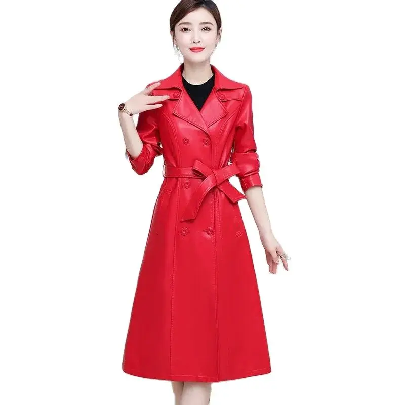 

Long Knee-Length Leather Coat Women Leather Windbreaker Korean Version Slim Temperament Spring Autumn Winter New Ladies' Jacket