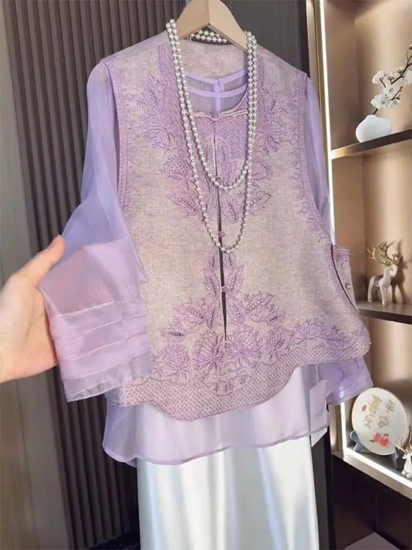 

Summer New Elegant Purple Embroidered Floral Pattern Lightweight Sun Protection Shirt Set Women's Fashionable Shirt Vest