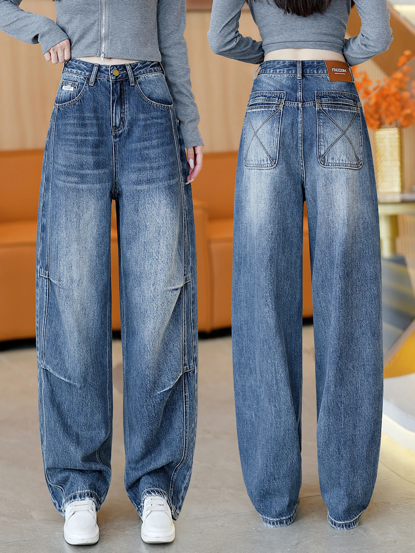 Retro Slim Wide Leg Denim Jeans High Waist Loose Fitting Casual Straight Knife  Pants for Women Spring Autumn New Style