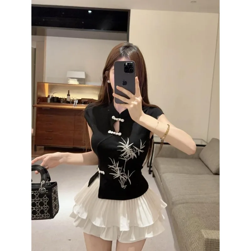 Blouse T-shirt Women's Summer Bamboo Embroidery Clasp Buttons Short Sleeves Slim Fit Flattering Silhouette Cropped Length New