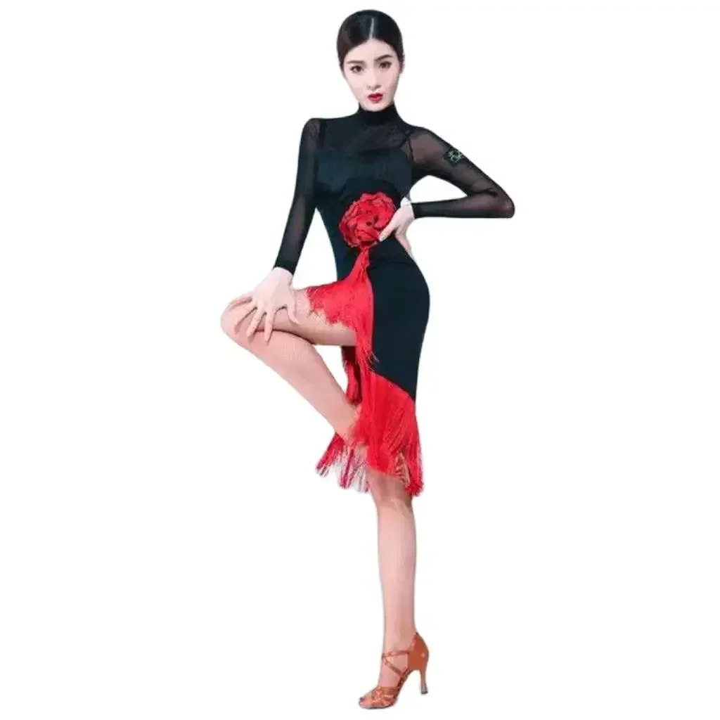 

New Women Dresses Big Red Flower Tassel Dance Skirt Latin Dancing Long Sleeve Dress Latina Black Sexy Girls Adult Costume Rumba