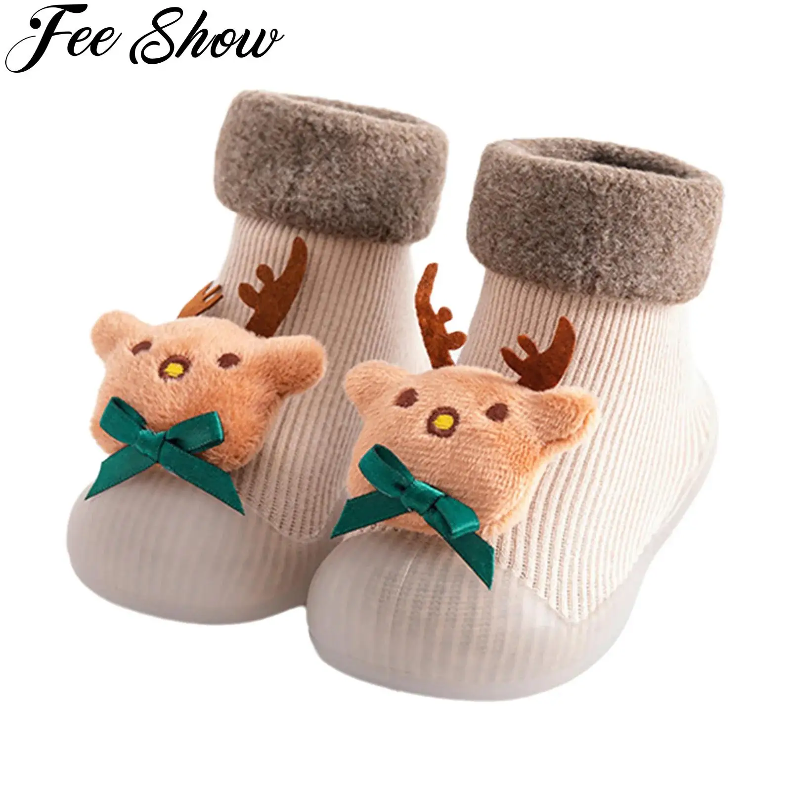 

Toddler Infant Baby Christmas Fleece Lined Sock Shoes Non-Slip Wear-Resistant Rubber Sole First Walking Shoes for Indoor Outdoor