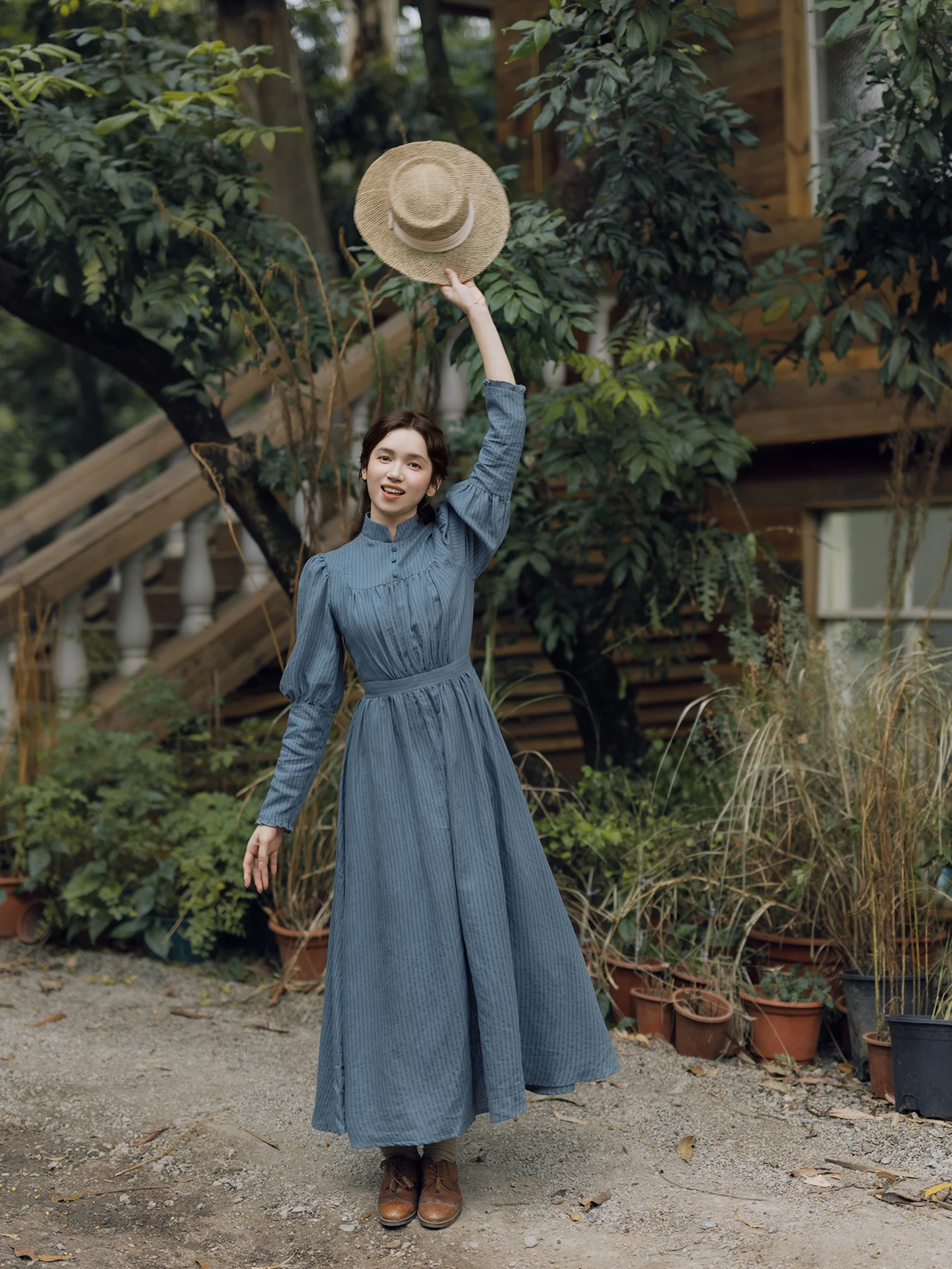 TIYIHAILEY Spring Autumn Women Blue Striped Dress Full Sleeve Long Maxi Ladies S-XL Vintage High Waist 2026 Stand Collar Linen
