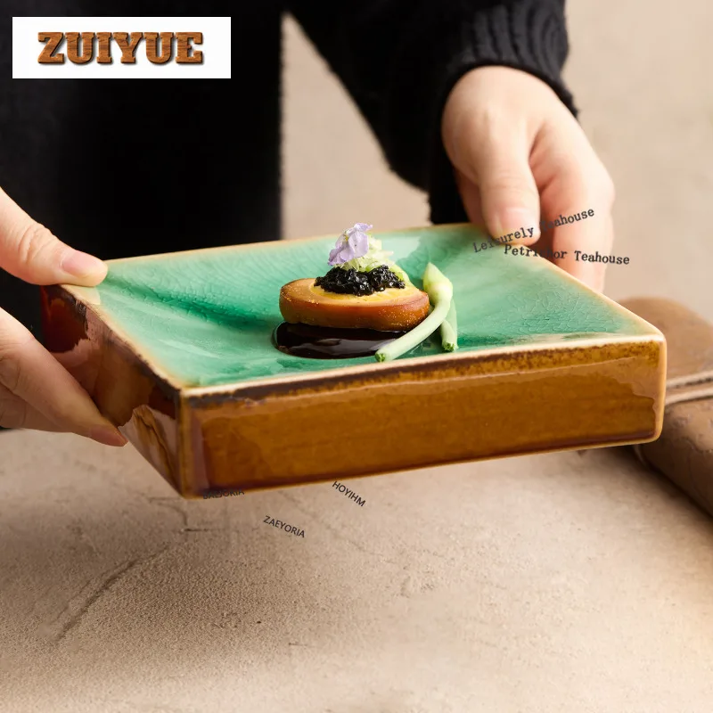 HOYIHM Square Kiln-transformed Glaze Serving Plate Soup Plate Serving Tray Dish Ramen Pasta Tray Restaurant Dinnerware
