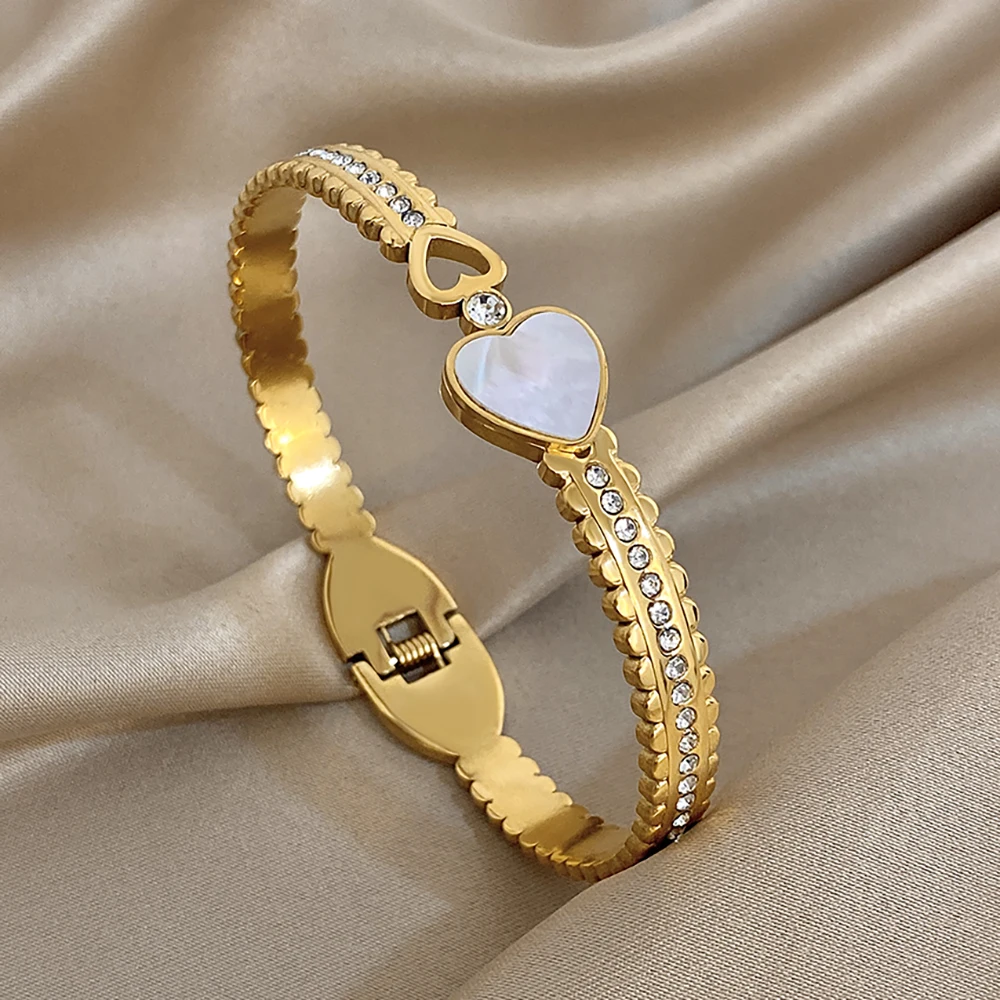 أنيقة الفولاذ المقاوم للصدأ مطعمة شل القلب الزركون الكفة سوار للنساء الرجال الزفاف الزفاف المفتوحة الإسورة مجوهرات عيد الحب