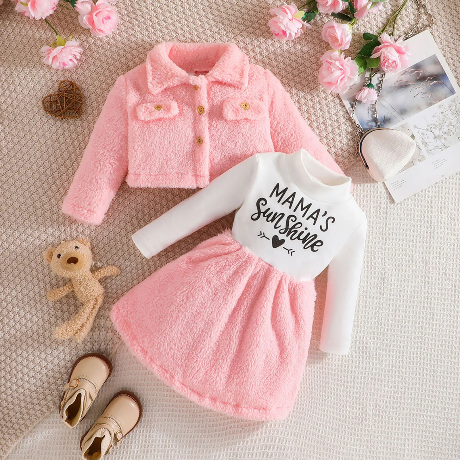 teen girl size 2-8 outfit sets Autumn/Winter Lapel Fashion Coat Letter Print Dress Furry Fleece Children's conjuntos para bebé