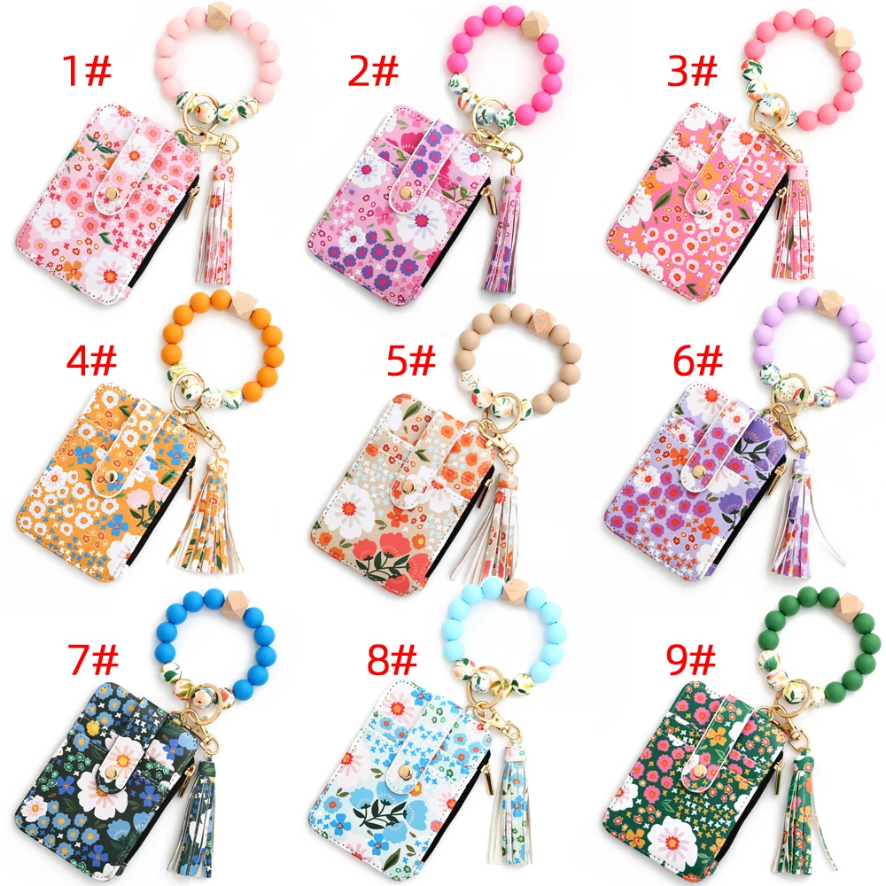 2024 Silicone Bead Bracelet Leather Card Bag Wristlet Keychain Silicone Bracelet Wallet Bangle floret Printed Fragmented ID Bag