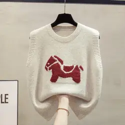 New Spring Collection Round Neck Pony Embroidered Loose Stacked Sweater Tank Minimalist Women's Knitted Sleeveless Vest Tops
