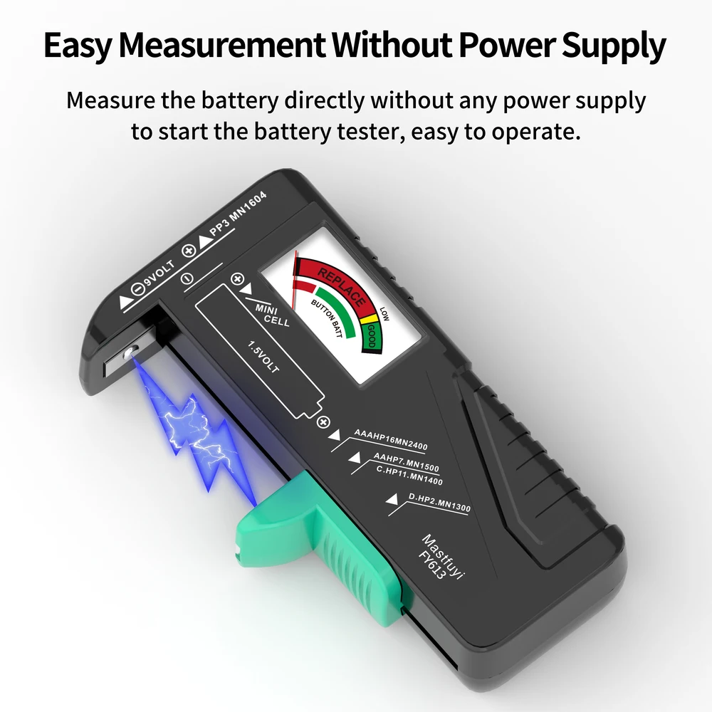 MASTFUYI-Testeur universel de batterie, pile bouton AA AAA, outil de diagnostic, visualisation de l\'état de santé, 1.5V, 9V