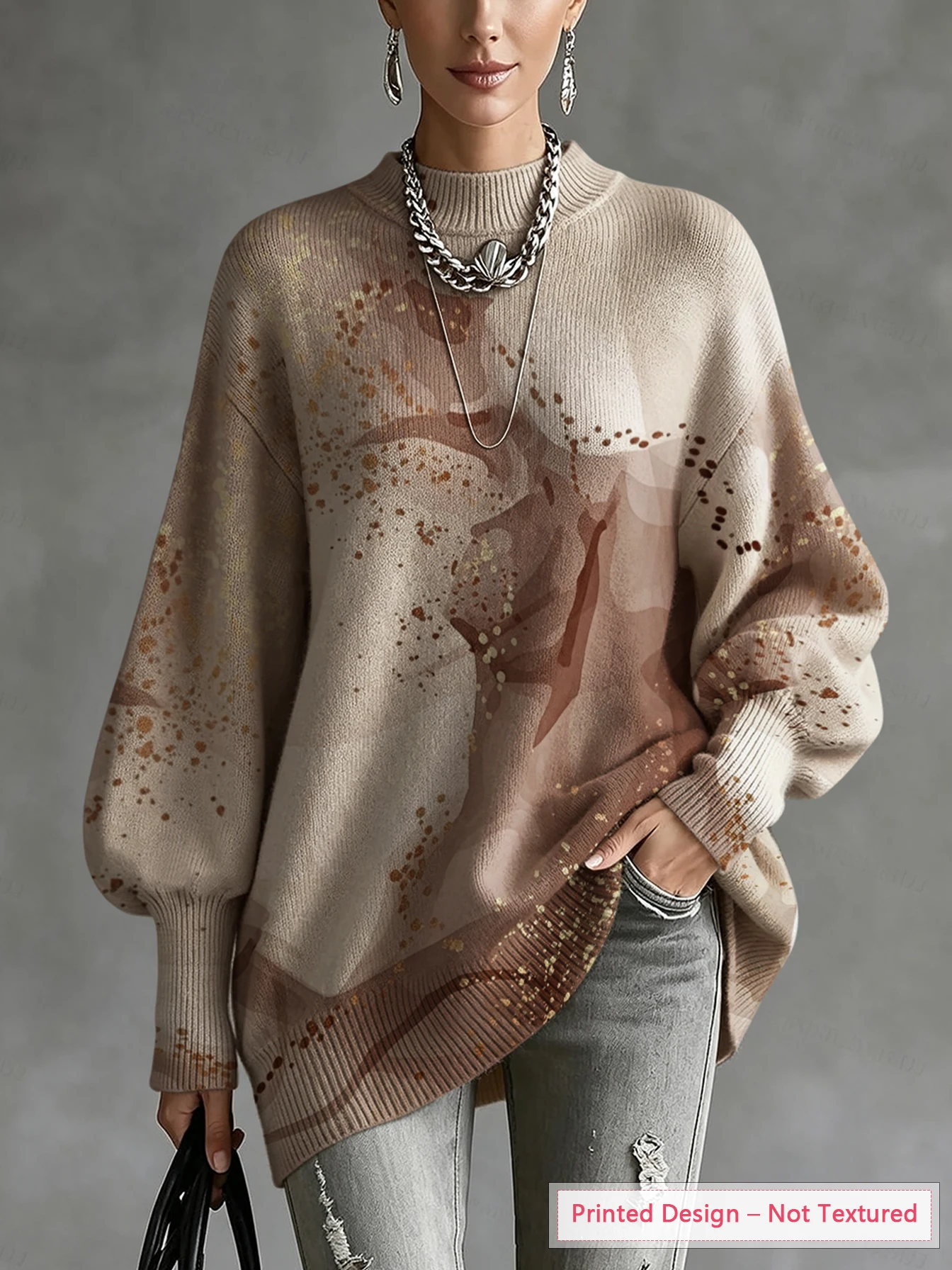 Women's Thin Sweater with Artistic Inkjet Pattern Print, Diagonal Hem and Lantern Sleeve Design, Suitable for Autumn and Winter Wear