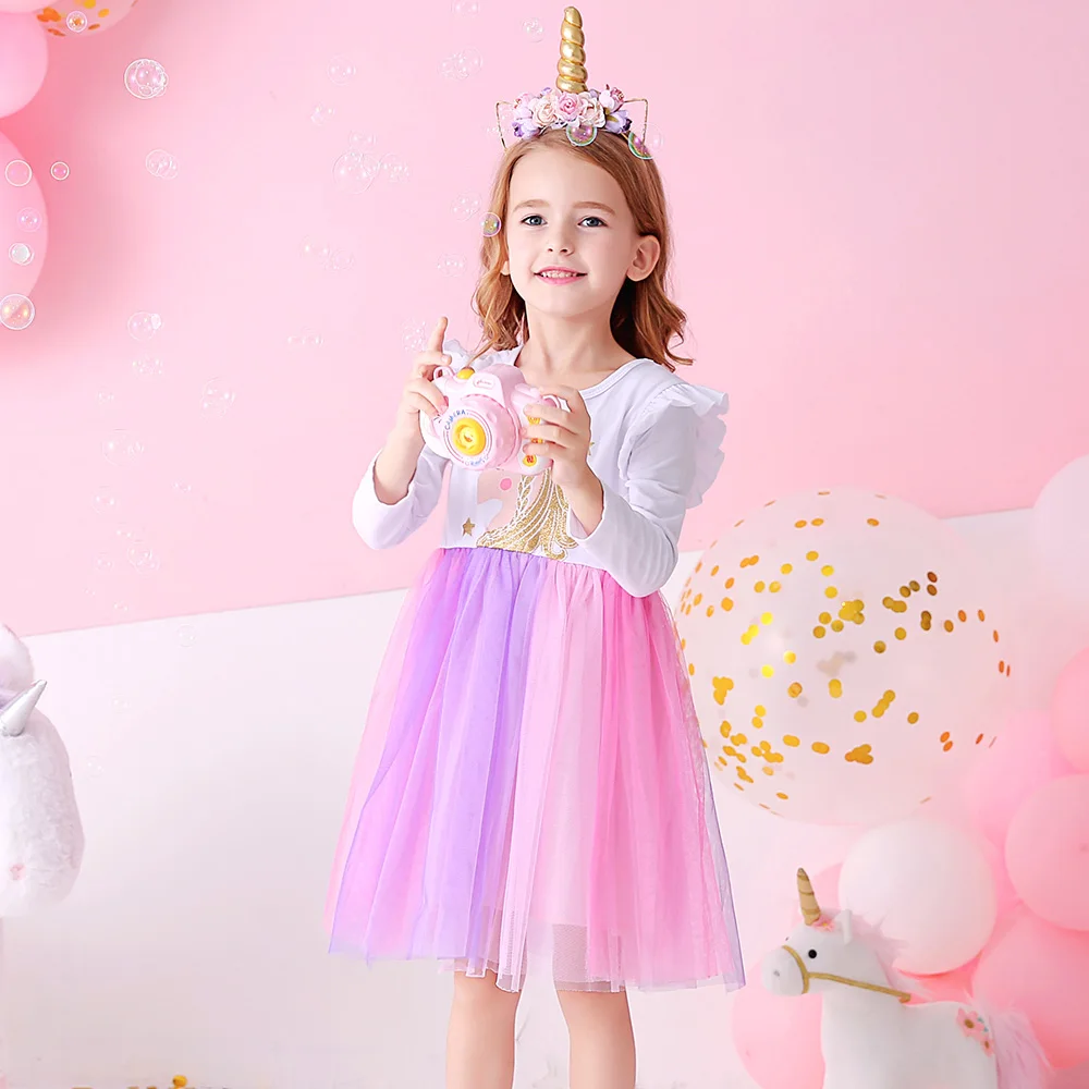 VIKITA Girl Unicorn Cartoon Print Dress Kids Flare Sleeve Autumn Spring Princess Dresses Girls Mesh Tulle Party Vestidos 3-8 Yrs