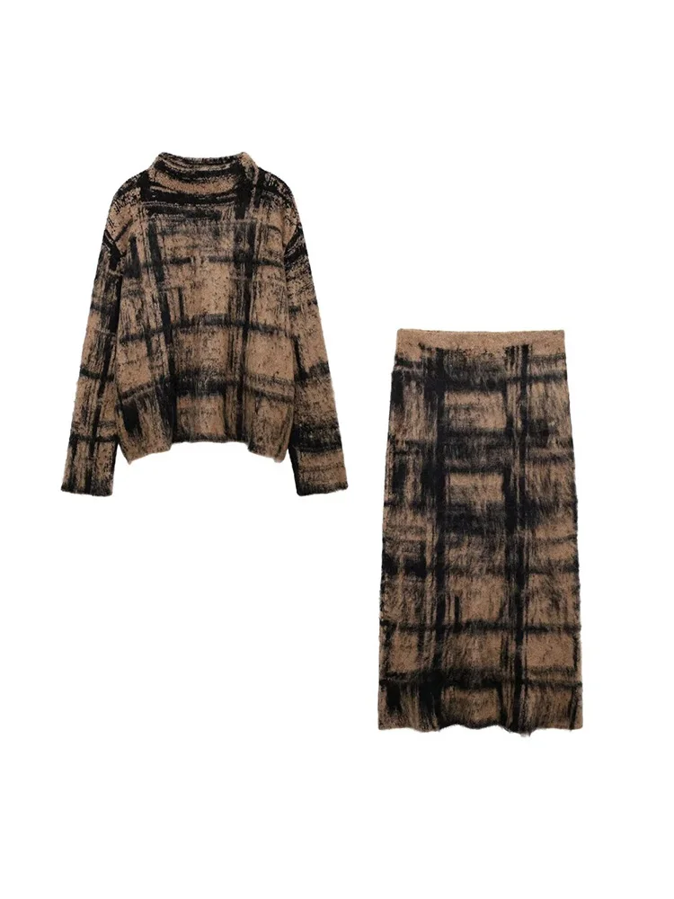 2024 New Autumn/Winter Women Skirt Set Checkered Jacquard Round Neck Knitted Shirt+Female High Waist Vintage Half Skirt