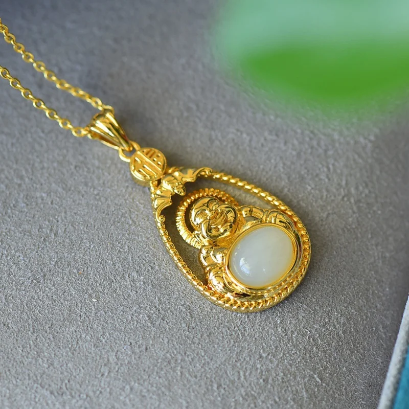 Ancient Style Inlaid Xinjiang Hetian Jade White Jade Buddha High-Grade Pendant Retro Light Luxury Style Buddha Necklace Pendant