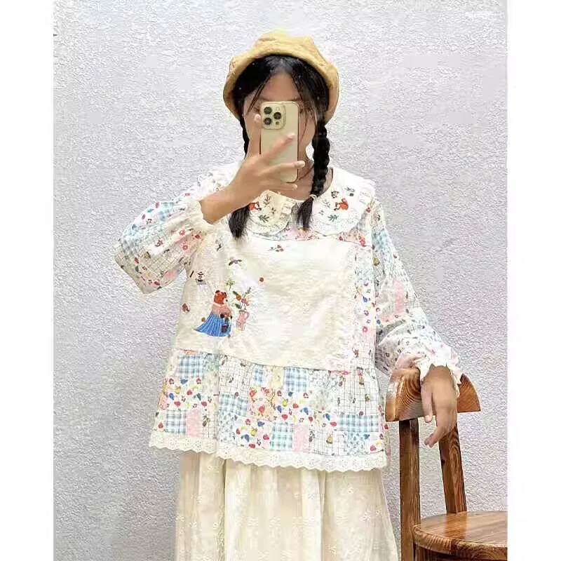 Vintage Mori Girl Embroidery Kawaii Shirts For Women Japanese Style Peter Pan Collar Patchwork blouses Sweet Casual Lolita Shirt