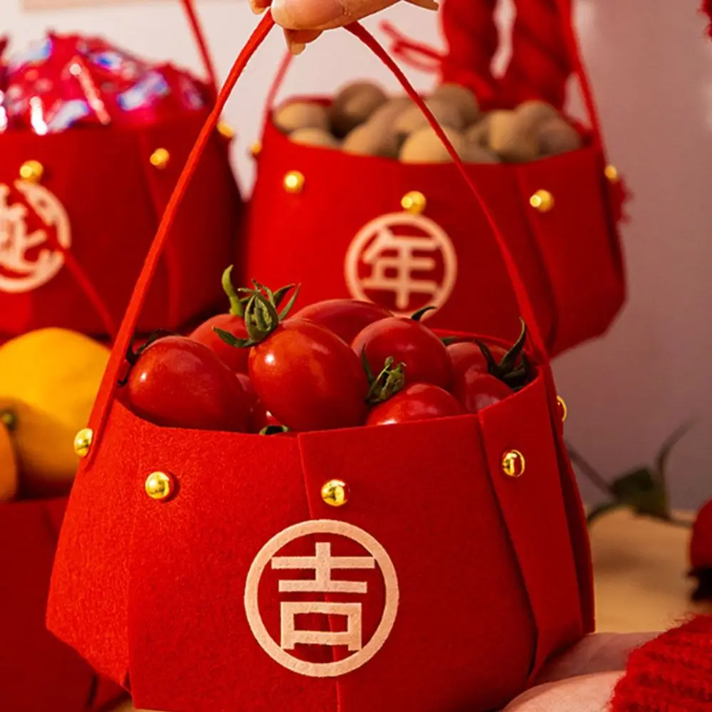 Joyful Thickened New Year Handheld Fruit Basket Felt Large -capacity Candy Storage Bag DIY Red Gift Bags Spring Festival