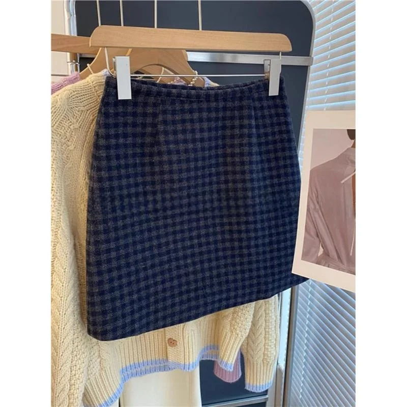 Fashionable Retro Plaid Woolen  Skirt High Waist Slimming A-Line Wrap Body Short Skirt Commute Korean Style with 