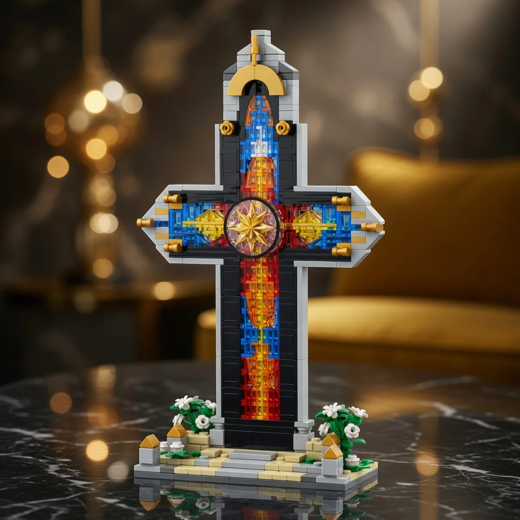 Image of Kreative Buntglas-Kreuz-Bausteine Europäische Gotische Architektur Desktop-Dekoration Religiöses DIY-Geschenk Heim-Ornament