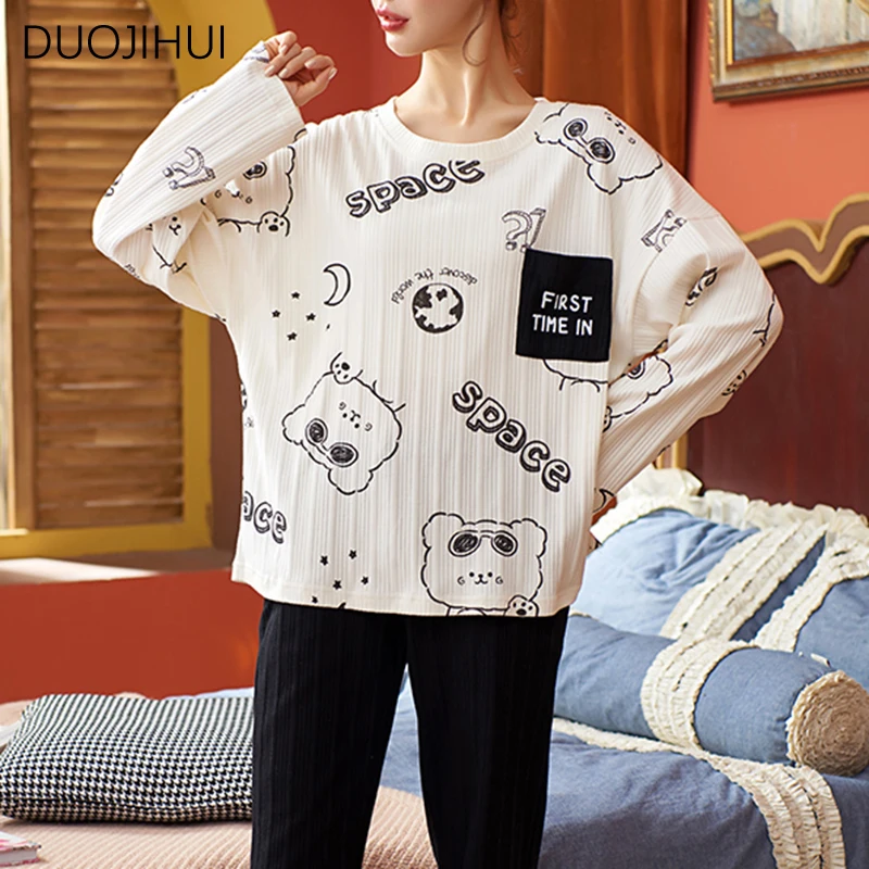 DUOJIHUI Two Piece Chic Sweet Printing Simple Pajamas for Women New Fashion Pullover Casual Loose Pant Autumn Female Pajamas Set