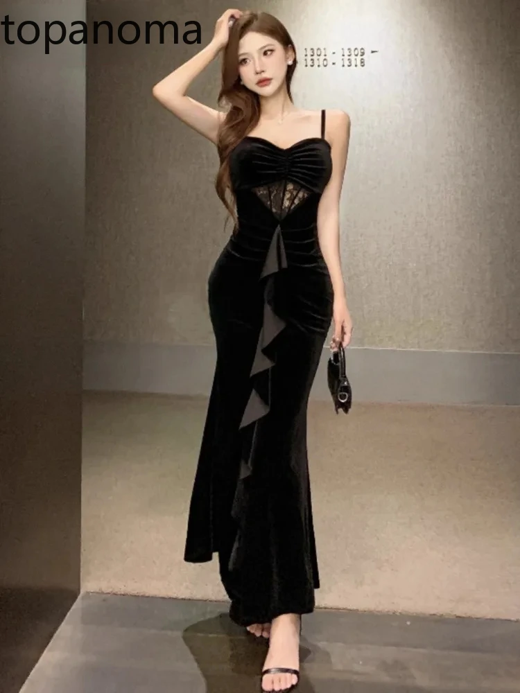 

Topanoma Vintage Evening Dresses Women Sleeveless Ruffles Patchwork Lace Velvet Slim Backless Elegant Party Dress Cocktail