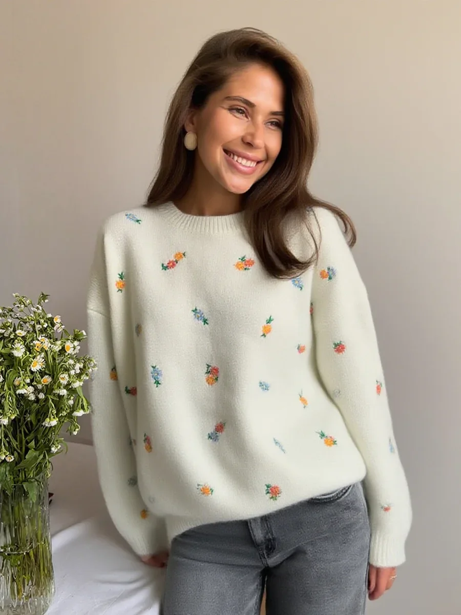

Autumn Winter Knitwear Women's Loose Embroidered Flower Knit Sweater Crew Neck Long Sleeve Casual