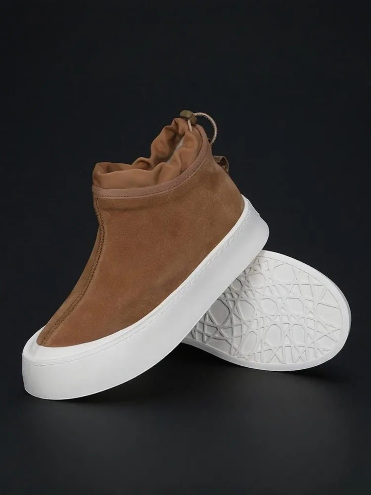 Winter Mens Warm Wool Liner Genuine Leather Snow Boots Slip On Fashion Casual Solid Color Patchwork Platform High Top Shoes Male