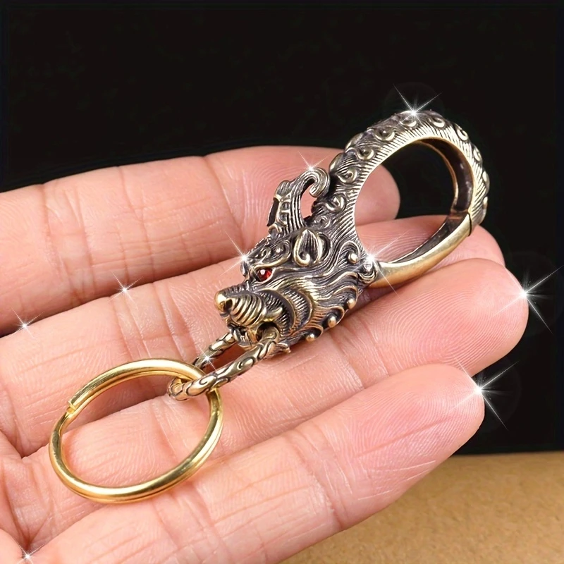 1pc Unique Retro Brass Ancient Chinese Beast Pixiu Red Eyes Keychain Pendant - Stylish Keyring & Keychain with Funky Car Key Waist Hanging Hook and Belt Bag Decoration - Exquisite Collectible Accessory