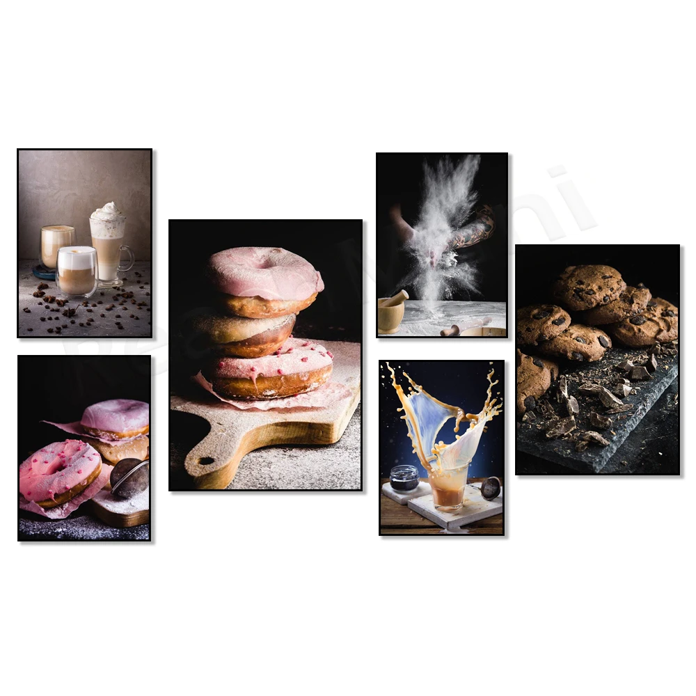 Estampados para hornear, galletas de chocolate, impresiones de panadería, higos, café, donuts, té con leche, fotos de comida, arte ucraniano, carteles decorativos