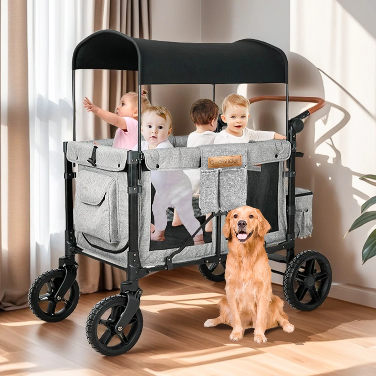 

Camping cart that can seat four children, Foldable baby stroller, with shock absorption function, suitable for autumn travel