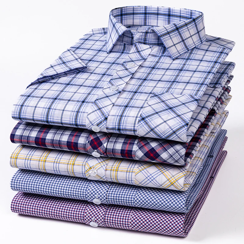 Plus size 6XL 100%cotton summer short sleeve shirts for men slim fit plain shirt thin plaid soft fashion casual elegant clothes