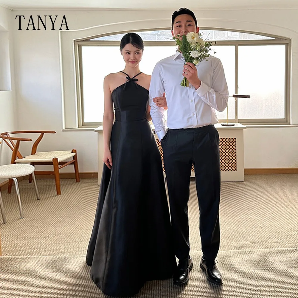 Vestido de novia de satén elegante para mujer, cuello Halter sin mangas, línea A, longitud hasta el suelo, sesión de fotos de boda coreana, vestido de novia Simple