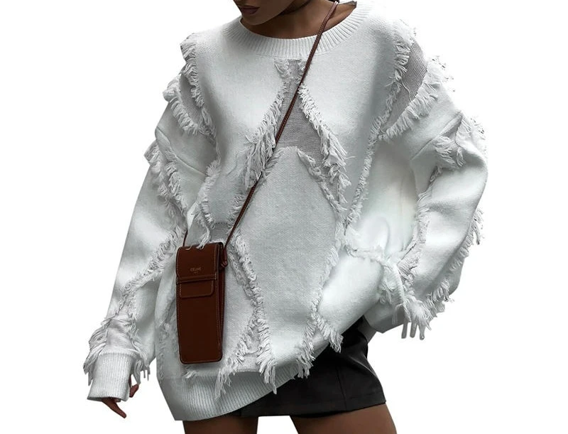 Damski sweter retro na jesień i zimę 2025, nowy, z diamentowymi frędzlami, casualowy, uniwersalny, ażurowy, luźny, do pracy.