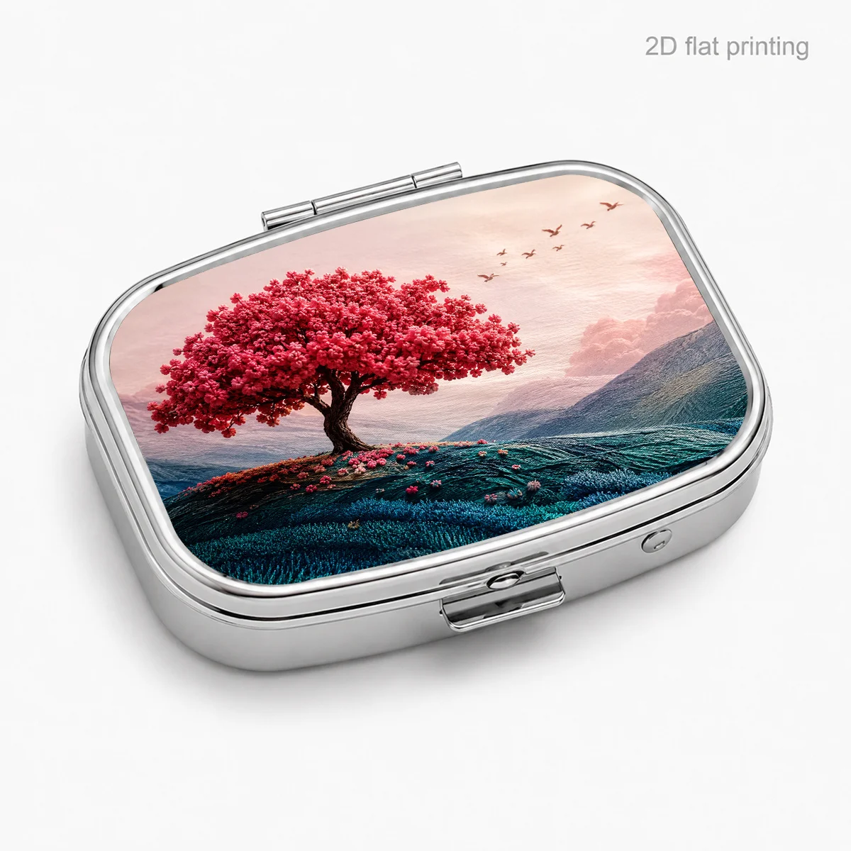 One piece, flat print, pink floral tree, flying birds, mountain embroidery, portable box for daily travel, square moisture-proof small box, multifunctional storage box for vitamins and nutritional supplements, small accessory storage box, flat