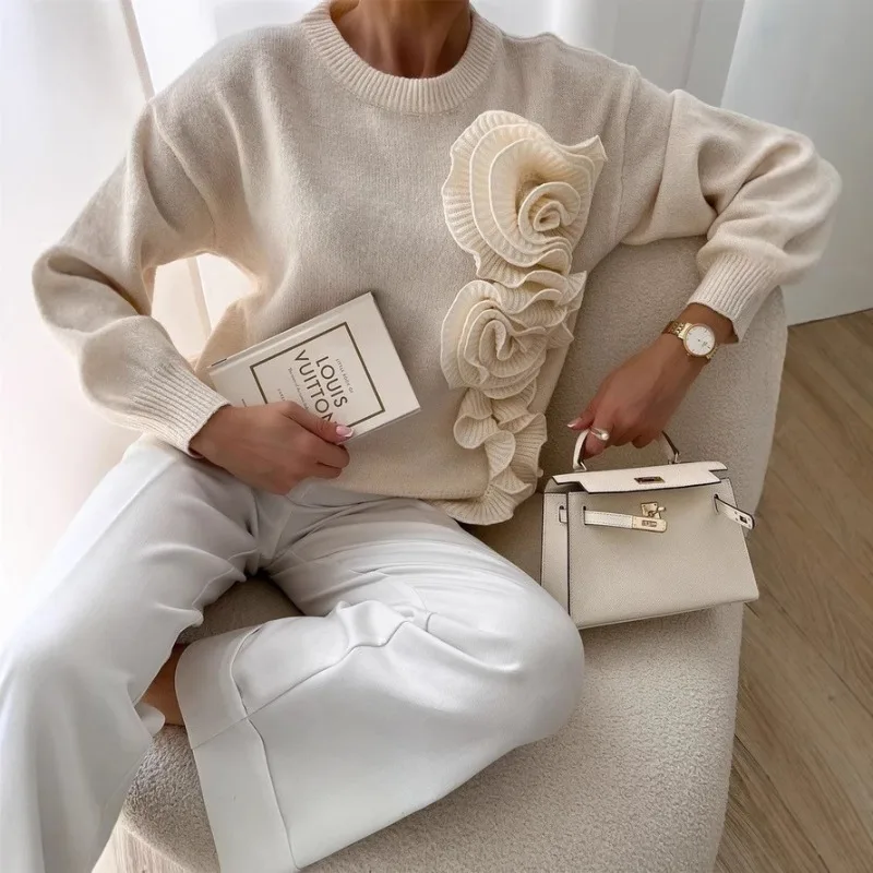 2025 herbst Winter Mode Neue frauen Elegante Gestrickte Kaschmir Pullover Dreidimensionale Blume Farbe Kontrast