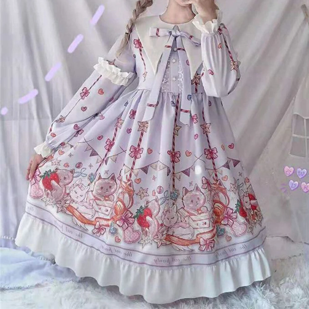 

Lolita skirt Japanese dress soft girl spring and summer cat party lolita dress OP long sleeve dress women