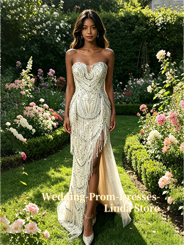 

Роскошное вечернее платье-русалка с бисерной бахромой, без бретелек, для выпускного вечера, с шлейфом