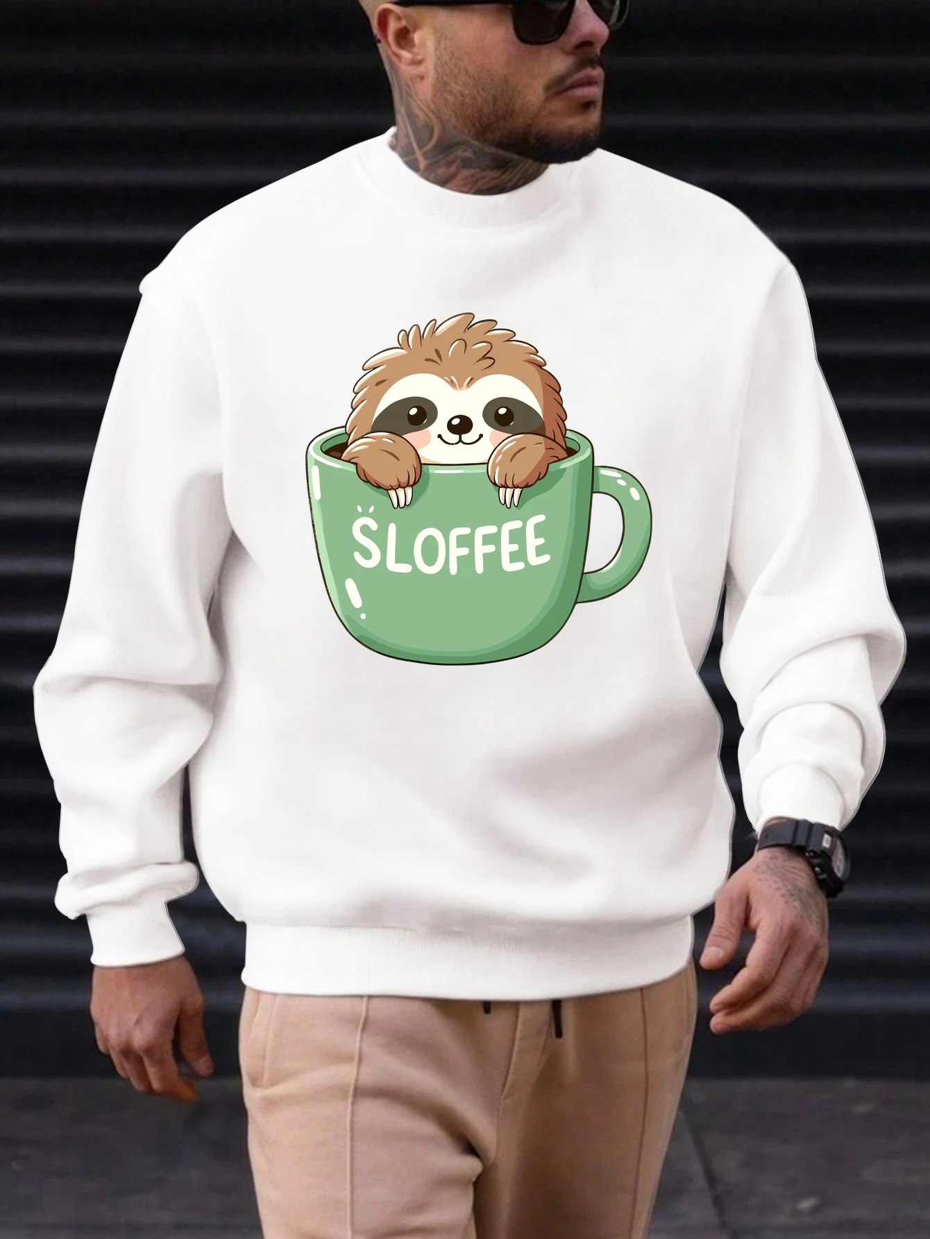 

Men's Cotton Crewneck Sweatshirt Cup Sloth Graphic Printing 2025 New Trending Fashion Casual High Quality Top Clothing